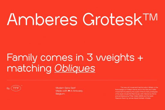 Red background font showcase for Amberes Grotesk with 3 weights and obliques ideal for designers, modern sans serif, Belgium-origin typography design.