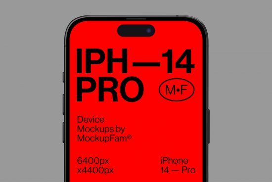 Professional iPhone 14 Pro mockup in high resolution by MockupFam, ideal for showcasing mobile designs and apps for designers.