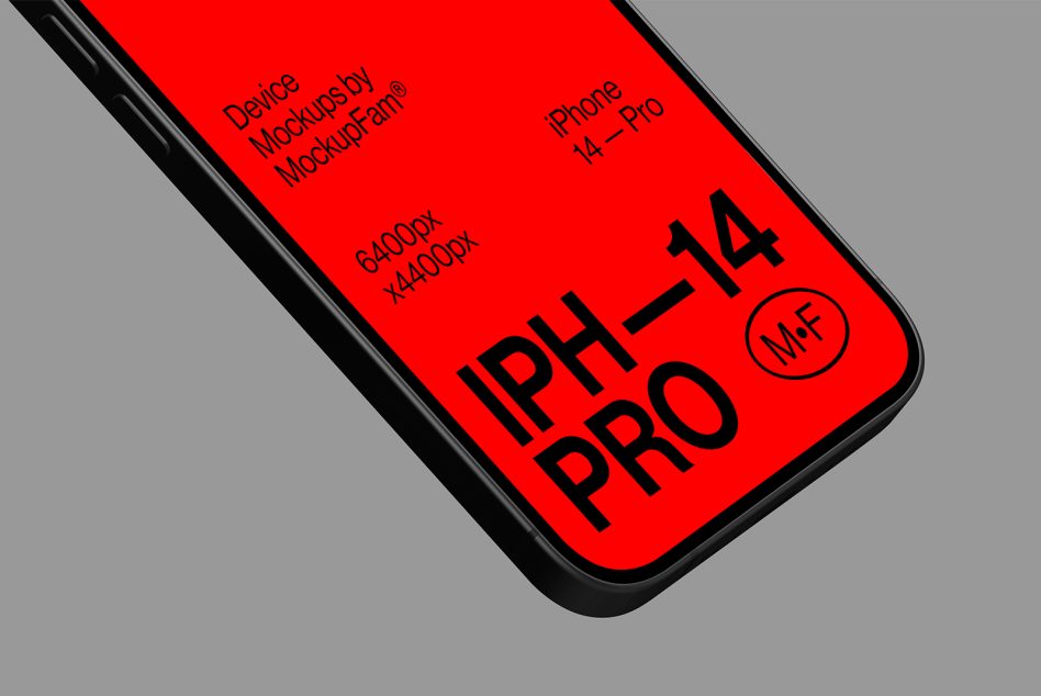 High-resolution red iPhone 14 Pro mockup at an angle with bold labeling, ideal for design presentations and digital asset portfolios.