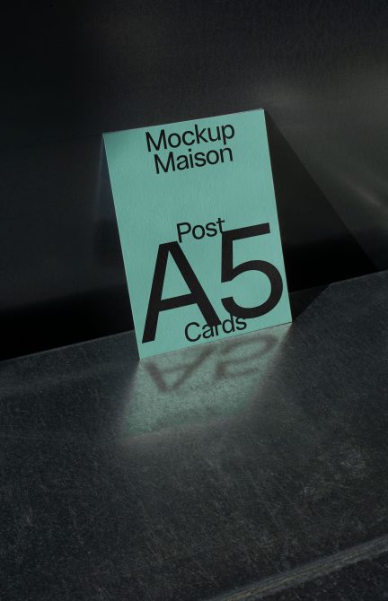 Mint folded card mockup showing Post A5 Cards text with dramatic shadows
