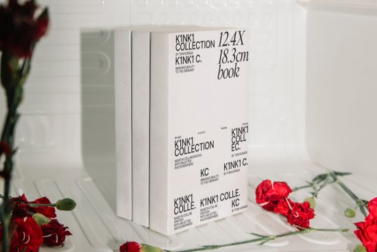Elegant book packaging mockup display among red flowers, showcasing minimalistic design, perfect for graphic designers' portfolio presentations.