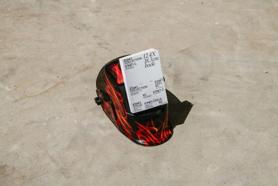 Flame design welding mask on ground with Kinkx Collection book, creative concept for graphic design mockup or templates.