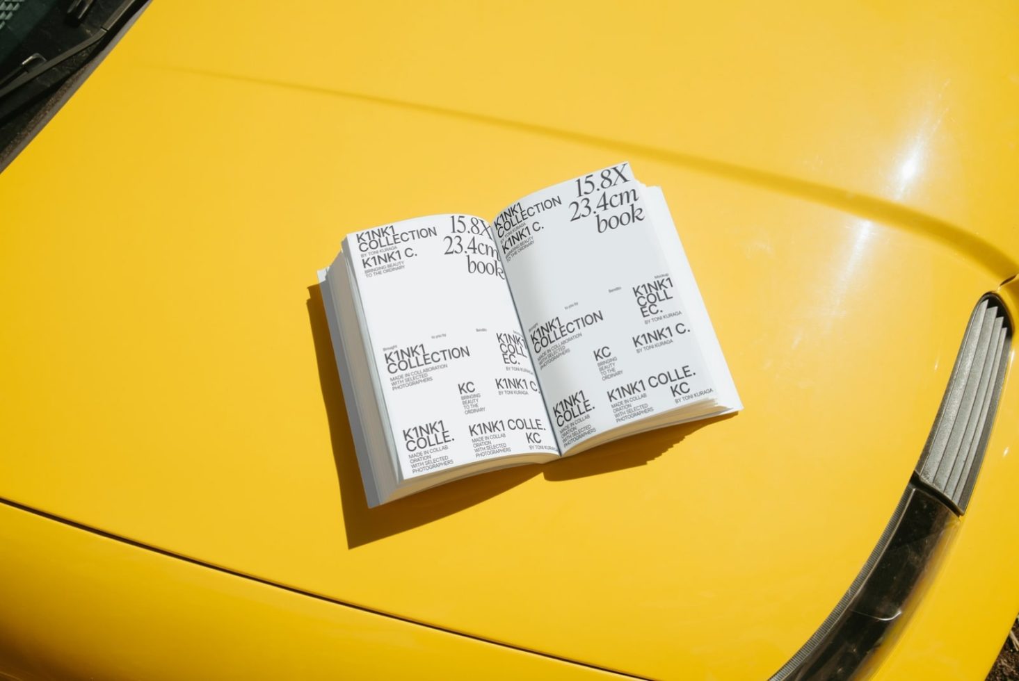 Stack of open print magazines mockup on bright yellow background, graphic design presentation, publishing concept, designer assets.