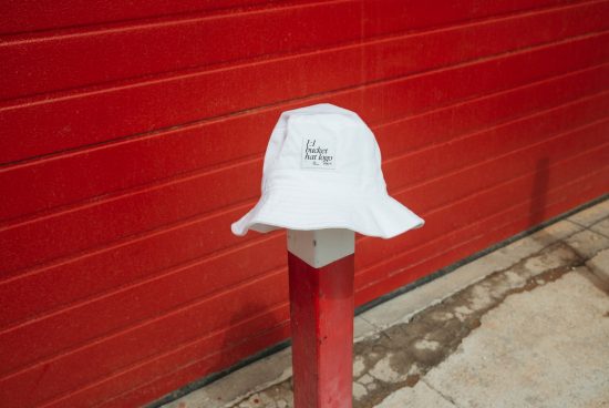 White bucket hat with logo mockup on pole against red background, urban fashion accessory template for design presentation.