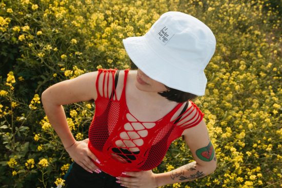 Woman in red mesh top and white bucket hat posing in a field of yellow flowers, perfect for fashion mockup templates.