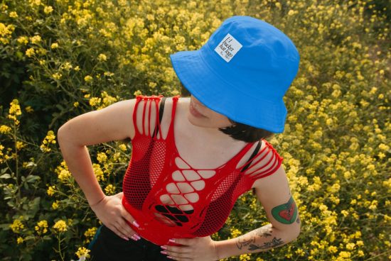 Woman in red mesh top and blue bucket hat poses among yellow flowers, ideal for fashion mockups, apparel design display, and outdoor photoshoots.