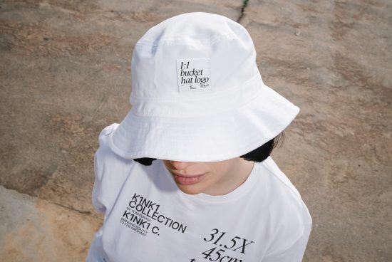 Person wearing white bucket hat with logo mockup and graphic t-shirt, outdoor fashion mockup for designers.