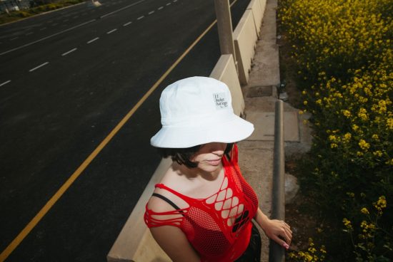 Fashionable urban streetwear mockup featuring a woman in a trendy bucket hat and red top, perfect for showcasing apparel designs.