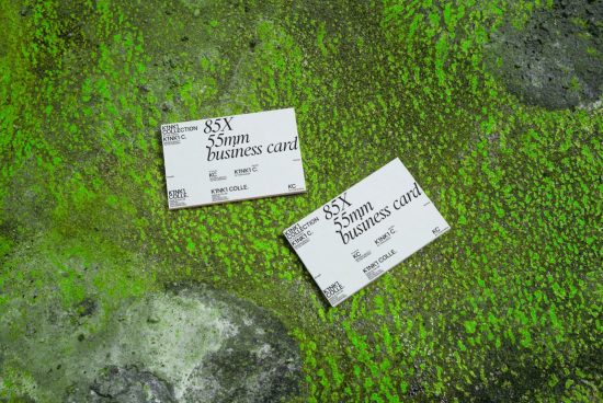 Business card mockup with two cards on mossy green textured background, showing front design layout, ideal for designers' presentations.