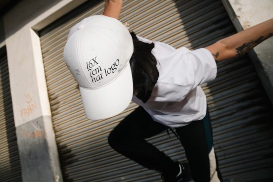 Person in white cap with editable logo mockup, showcasing design space for branding on headwear. Urban background adds lifestyle context to mockup.
