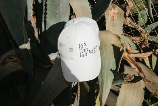 White baseball cap mockup with text logo on agave plant background, ideal for branding and design presentations in apparel, fashion, and textiles.