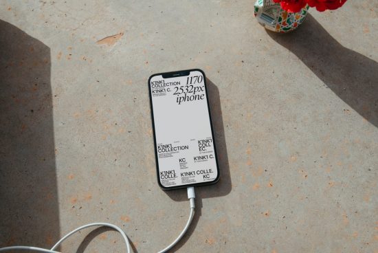 Smartphone mockup on concrete surface with charging cable, showing screen design layout, ideal for app presentation, digital assets.