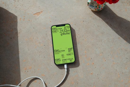 Smartphone with green screen mockup on concrete surface with charging cable, floral shadow, design presentation, digital assets for UX/UI.