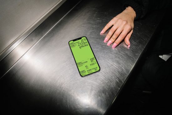 Smartphone with graphic design overlay on screen beside a hand with pink nails on metallic surface, ideal for mockup presentations.