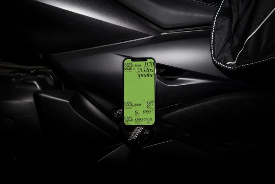 Smartphone mockup with neon green screen in a car interior, ideal for vehicle-related app or navigation design presentations.
