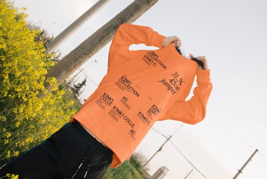 Person holding up orange hoodie with printed text design mockup, outdoor with yellow flowers, apparel mockup for designers.