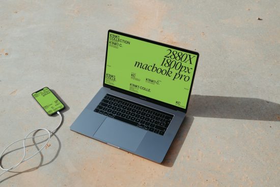 MacBook Pro and iPhone mockup on concrete surface, showcasing screen resolution specs, ideal for templates, design presentations, and tech mockups.