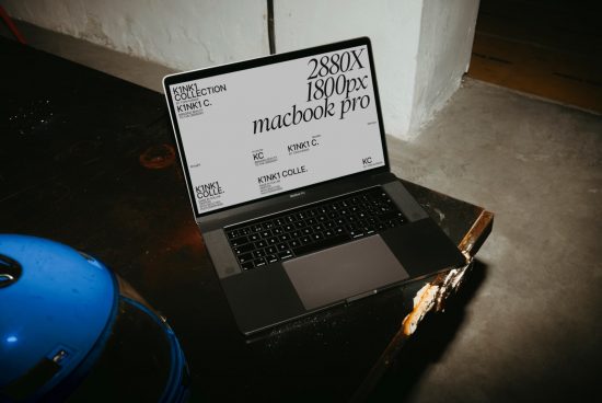 Laptop on rustic table displaying design mockup, ideal for graphic presentation, web design template, tech-themed asset.