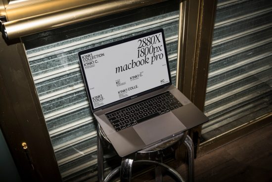 Laptop with screen mockup displaying resolution sitting on metal stool, designer template, digital asset, web design presentation, realistic display