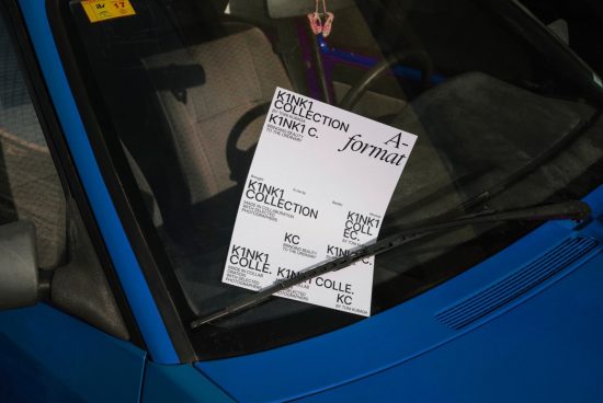 Graphic design poster mockup for KinKi collection displayed under car windshield wiper, showcasing font and layout design.