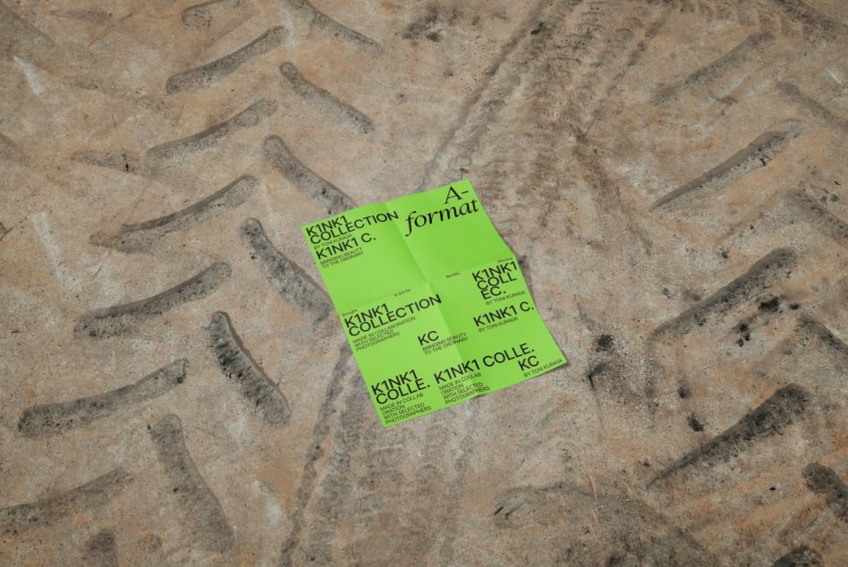 Lime green A-format flyer mockup on concrete surface with herringbone pattern texture