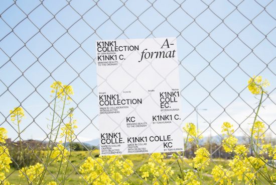 Poster mockup displayed on chain link fence with clear sky, suitable for showcasing design projects and graphics to catch client's attention.