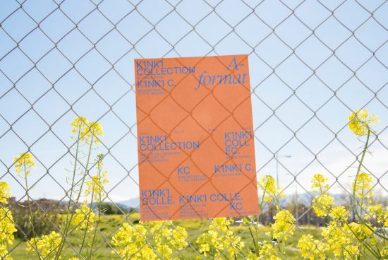 Poster mockup displayed on a chain-link fence with a scenic floral background, presenting a realistic template for design showcases.