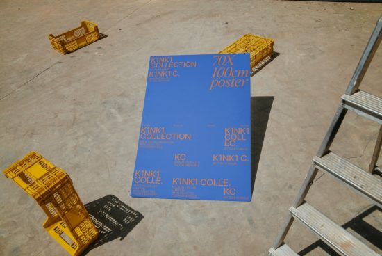 Large blue poster mockup on an urban outdoor concrete ground with industrial elements, showcasing font and layout design.