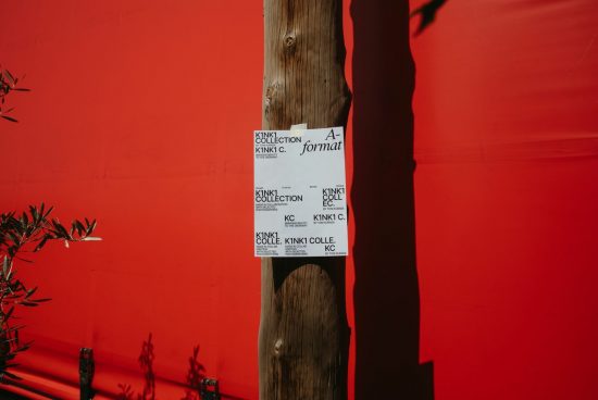 Bright red wall with stark shadow, wooden pole with attached paper mockups featuring black text, graphic design presentation, artsy urban scene.