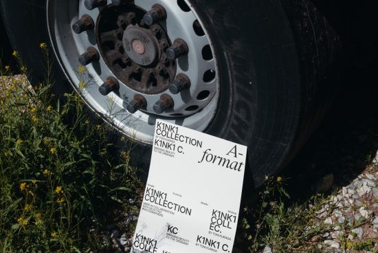 A-Format paper mockup for branding placed on grass by a car tire, showcasing a modern typeface, ideal for designers creating eco-friendly design presentations.