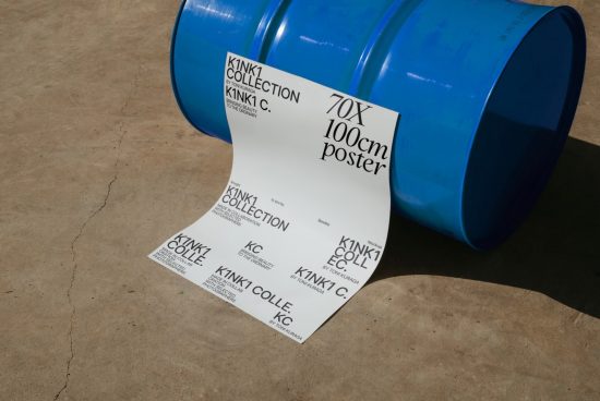 Creative poster mockup with blue barrel on concrete surface showcasing design versatility for graphic designers and branding mockups.