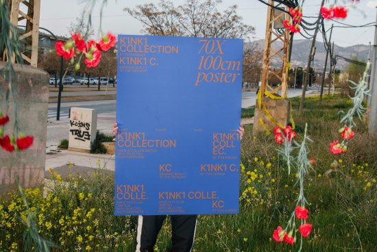Person holding a large blue poster mockup with K1NK1 Collection text for outdoor advertising design presentation, amid a natural setting with wildflowers.