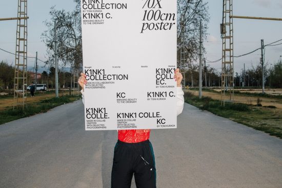 Person holding poster mockup for design display in an outdoor setting, with clear text space, ideal for designers' presentations.