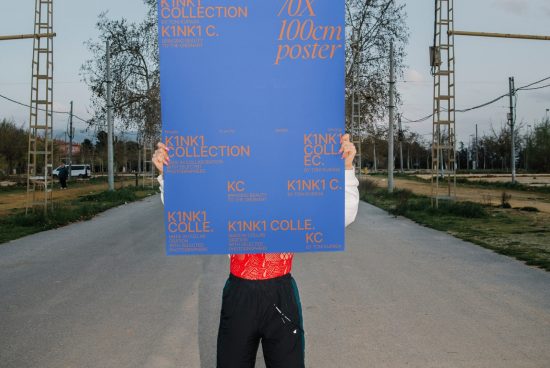 Person holding up a large blue poster mockup with text for design presentations, showcasing fonts and layout in a natural outdoor setting.
