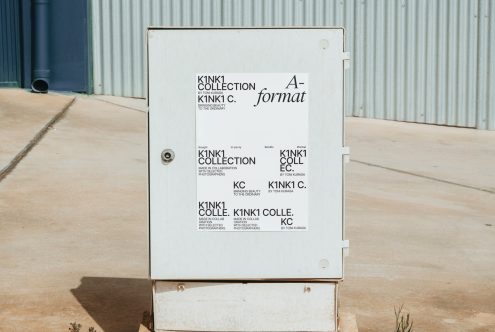 Outdoor poster mockup on metal cabinet displaying minimalistic design templates, ideal for presenting branding and advertising graphics.