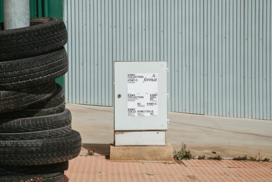 Stacked used tires next to a white billboard with minimalist branding mockup against a corrugated metal wall, urban outdoor setting for design.