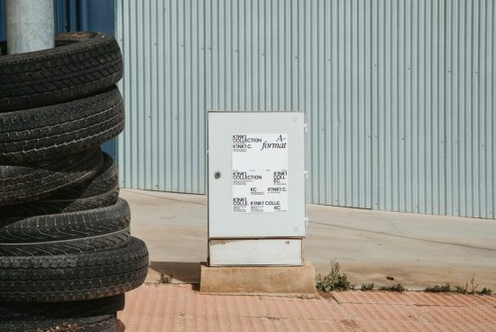 Stacked used tires by a white electrical box with multiple black printouts, urban environment, ideal for realistic mockup presentations.