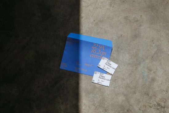 Blue envelope mockup and white business cards on textured background for presentation and branding designs.