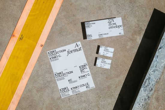 Printed paper mockups on concrete surface with business card and A-format papers for graphic designers, showcasing branding identity elements.