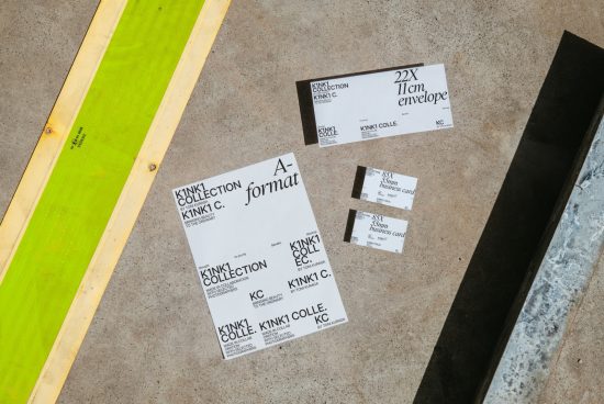 Stationery mockup spread on concrete surface featuring labels, business cards, envelope for designers' branding presentation.
