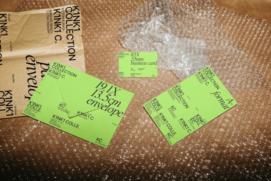 Graphic design mockup of neon green branded stationery items, including business cards and envelopes, on a bubble wrap background.