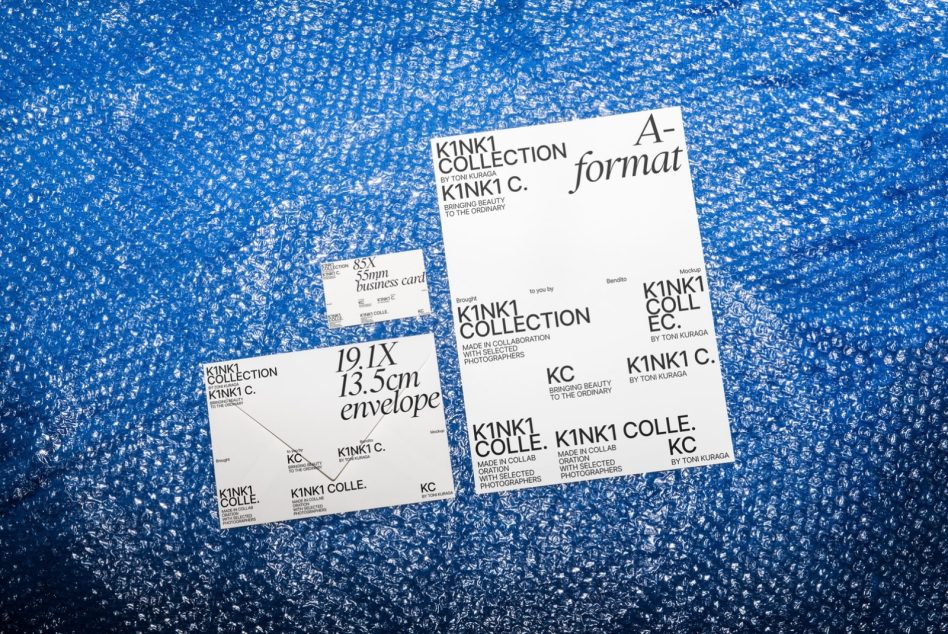 K1NK1 Collection stationery set on sparkly blue texture with business card, envelope
