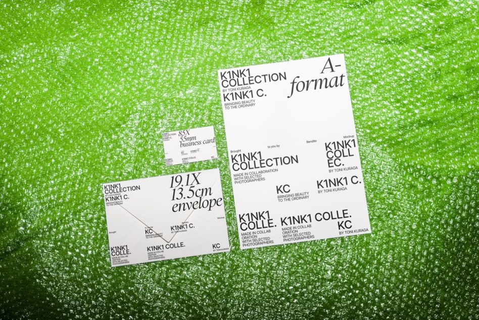 K1NK1 branding mockup on lime green glittery background with envelope letter card