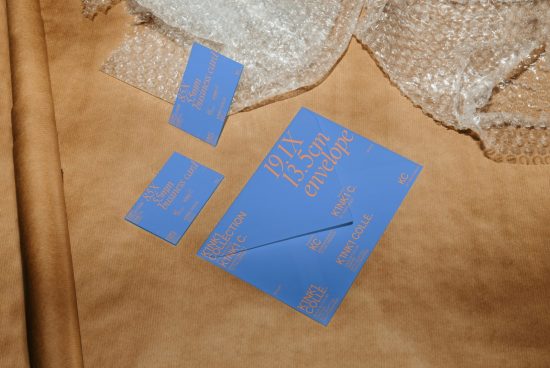 Business cards and envelope mockup on a textured brown fabric background with bubble wrap, showcasing print design, branding templates for designers.