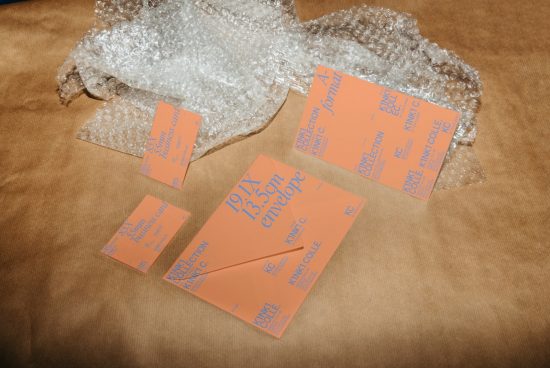 Orange business cards mockup on a textured background with bubble wrap, showcasing modern design and typography for templates category.