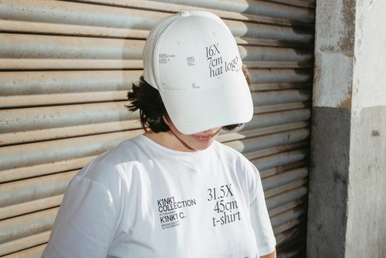 Person wearing a white cap and white t-shirt with text graphics, ideal for mockups in urban settings for fashion designers.