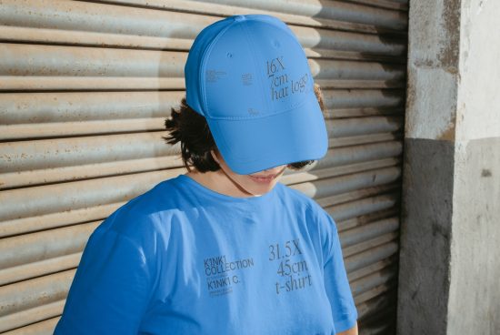 Person in blue cap and t-shirt mockup for fashion design, urban style, template for graphic print, standing against metal background.