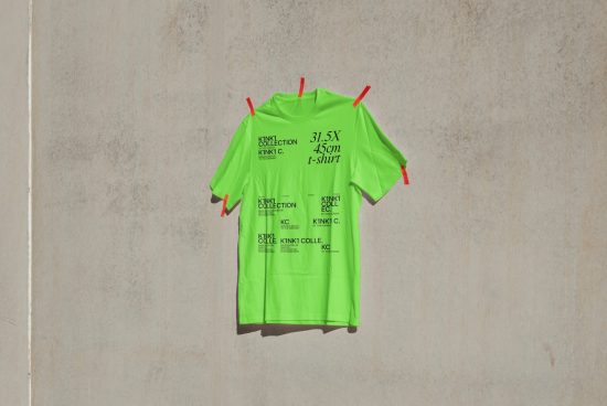 Neon green t-shirt mockup with typography design on a concrete wall, ideal for presentations and apparel design showcasing.