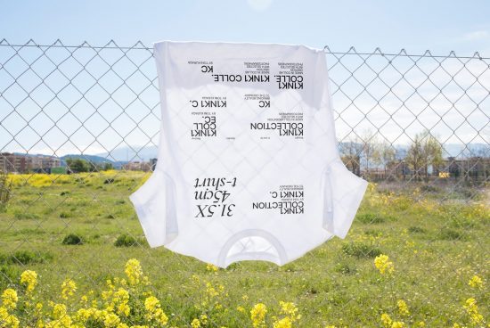 White T-shirt with black text design mockup hanging on chain-link fence, outdoor setting with greenery, for apparel graphic display.