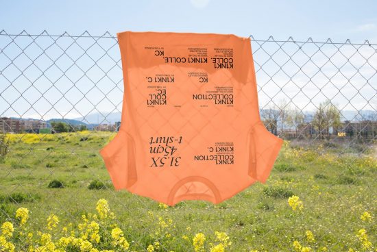 Orange t-shirt mockup with typographic design, hanging on a wire fence outdoors with a blurred natural background.